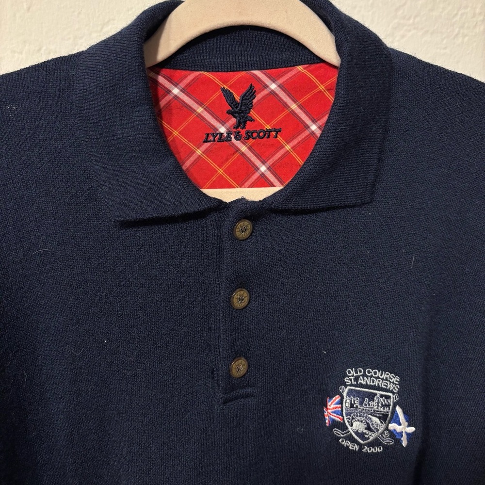 Lyle Scott 2000 Open St Andrews Polo Sweater Sz L Navy Wool Tiger Grand Slam Win